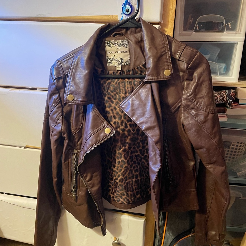 Body Central Brown Leather Jacket with Leopard Lining